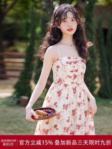 Red Floral Print Vintage Mini Dress Womens Spring Summer New Style Adjustable Strap Waist Cinching Slimming Beautiful Long Skirt