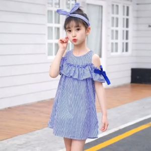 DRESS ANAK 2in1 MINI CASUAL CUT OFF SHOULDER STRIPE BLUE INCLUDE BANDANA
