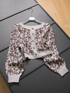 Retro Contrast Color Floral Soft Cozy round Neck Knitted Sweater Jacket Short Sleeve Long Sleeve Womens Fashion Autumn New Arrival B657