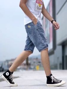 Summer New Casual Men Shorts Straight Ripped Korean Style Denim Short Pants Drawstring Loose Plus Size Male Five-point Jeans
