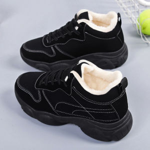 รองเท้าผ้าใบกันหนาวสำหรับผู้หญิง รองเท้ากีฬาแบบหนาและอบอุ่น รองเท้าบุขนแกะ รองเท้าบุขนแกะแบบลำลอง รองเท้าบุขนแกะแบบสวม ส้นเตี้ย หนังวัว