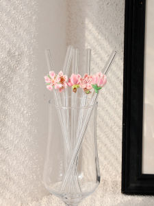 5PCS Flower Decorated Glass Straw Perfect for Juice Milk Tea Coffee Cold Drinks Bendable DesignBack-To-School Gift