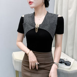 YIMEI European fashion V-neck T-shirt womens short sleeved 2025 new design stylish rhinestone top versatile and stylish color blocking small cotton shirt