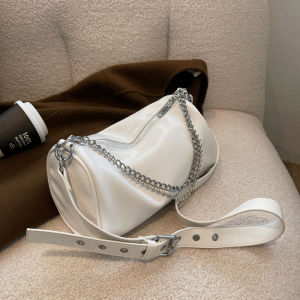 Elegant Chain Strap Cylinder Bag Trendy Small Crossbody Shoulder Bag for Women Soft PU Leather Zipper Closure Casual Style