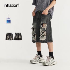 INFLATION brand mens youth hip-hop ripped denim capris 2024 spring/summer trendy brand new street hip-hop ripped shorts