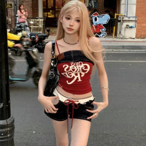 เสื้อกั๊กยีนส์ย้อนยุค Y2K ทรงเข้ารูป แขนสั้น ทรงเข้ารูป สำหรับผู้หญิง ชุดแฟชั่นฤดูร้อน ชุดสองชิ้น ทรงเข้ารูป ทรงเข้ารูป