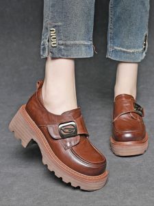 Spring 2025 Womens Comfortable Slip-On Shoes Magic Tape Versatile Soft Bottom Retro Style Fashionable round Toe Loafers