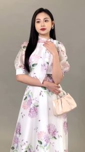 [Voucher 15% MOV 199K cap 100K Đầm HeraDG thiết kế tay bồng cổ thắt nơ lệch họa tiết hoa cẩm tú cầu trẻ trung chất tơ cao cấp SDPBD2022