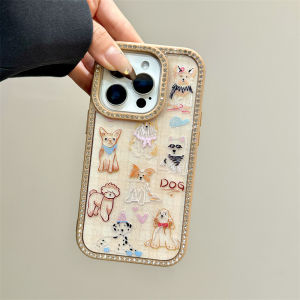High-End Rhinestone Frame Graffiti Line Dog iPhone 16 pro Max Apple 14 Case Creative Silicone Anti-Fall Protection Cover for Women