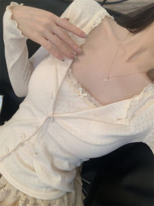 Sweet Heart BM Lace ชุดสองชิ้นเปิดหน้าน้ําหนักเบาคอกลมแขนสั้นแฟชั่นสตรีต้นฤดูใบไม้ร่วง