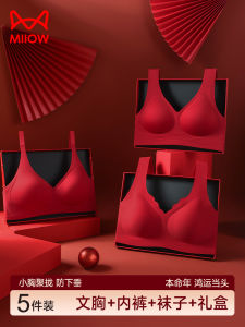 Red Wedding Bra Set Womens Underwear Gathered Anti-Sagging Bride Wine Red Lucky Year No Pad Wireless Comfortable Casual Style