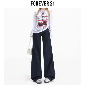 Forever 21 American Style High Waist Wide Leg Straight Cut Blue Jeans Womens Retro Original Color Loose Fit Casual Trousers