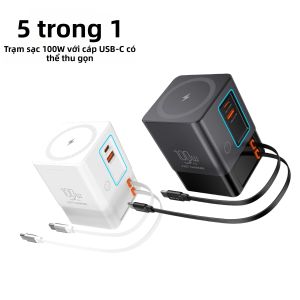 Trạm Sạc 5 Trong 1 100W Với Cáp USB-C Có Thể Thu Vào Bộ Sạc Không Dây 15W Cho Nhiều Thiết Bị Tương Thích Với Điện Thoại & iPad