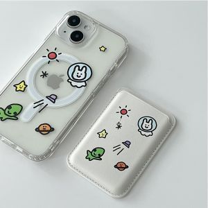 Adorable Rabbit Astronaut MagSafe Phone Case Leather Card Holder Compatible with 13 12 15 pro Max Korean Ins Style