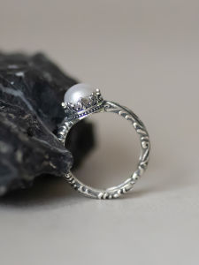 Vintage Reed Pattern 925 Sterling Silver Ring with Freshwater Pearl Adjustable Open Design Chinese Style Antiqued Jewelry