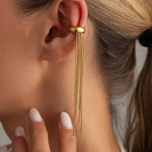 SHIXIN 2026 Trendy Luxury 18K Gold Plated Stainless Steel Tassel Ear Clip Women Smooth Non Piercing Earring Waterproof Jewelry