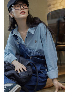 Retro Hong Kong Style Womens Denim Shirt Loose Fit American Design Fall New Outerwear Top Pure Color Commute Polo Collar