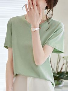 เสื้อยืดไหมพันคอกลมแขนสั้นผู้หญิงฤดูร้อน ทรงพอดีตัว เสื้อยืดคอกลมลายพิมพ์ลายสก็อตแบบพื้นฐาน เสื้อยืดผู้หญิงแฟชั่น ระบายอากาศได้ดี