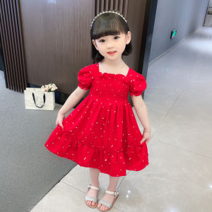 Váy Công Chúa Vải Voan Mùa Hè Cho Bé Gái Cổ Vuông Màu Đỏ Váy Sinh Nhật Cho Bé Gái Tròn Cổ Tay Ngắn Váy Công Chúa