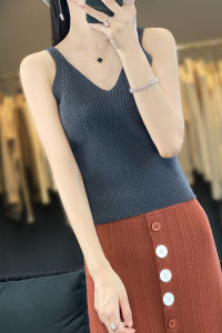 เสื้อกั๊กถักคอวีผ้าขนสัตว์แท้สั้นสำหรับผู้หญิง เสื้อชั้นในแขนกุดทรงสลิมฟิต แฟชั่นฤดูใบไม้ร่วง 2024 เสื้อชั้นในลายพิมพ์ลายเรขาคณิต