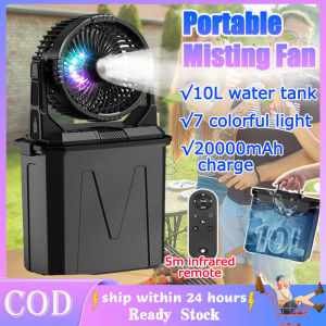 Portable Misting Fan With Remote Control 10-Inch Floor Cooling Fan With 10L Water Tank Multi-Functional Fan Mute 20000mAh USB Rechargeable Battery 4-Speed Winds 3 Spray Mister 7 Colorful Light For Fishing Travel Party Office Outdoor
