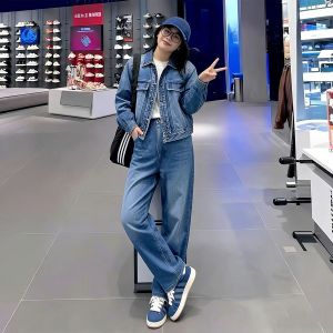 LIANGYILAILIN | Retro Blue Denim Jacket And Pants Set For Women