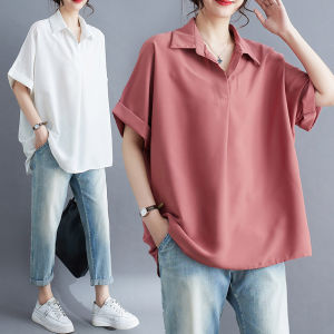 เสื้อเชิ้ตทรงหลวมสไตล์เกาหลีสำหรับผู้หญิงในช่วงฤดูร้อนปี 2023 แขนสั้นคอโปโล สีสันสดใส ปกโปโล ทรงหลวม ปกโปโล