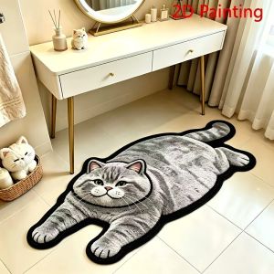 VIKAMA Lazy Lying Gray Tabby Cat-Shaped Door Mat Non-Slip Absorbent Bathroom Mat Bedroom Bedside Rug Home Decor
