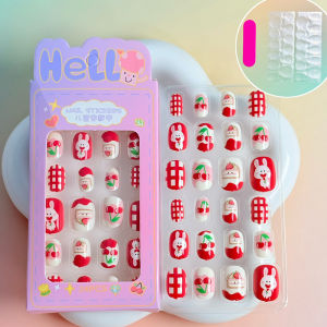 24Pcs/Box Lovely Red Cherry Rabbit Plaid Children Fake Nails Cartoon Pattern Kids Press On Nail for Girl Wearable False Nails 1