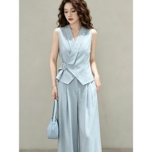 Elegant Workwear Set Blue Vest And Pants