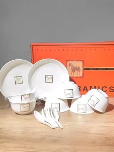 Nicedeal Elegante Classic Dinnerware Set with Striped Pattern and Chopsticks Gift Box - Ceramic Tableware Gift Set