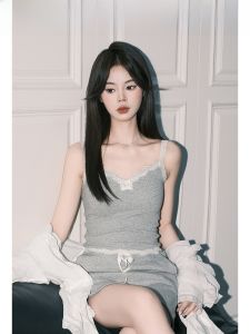 Forever21 Korean Style Lace Splice Grey Strap Vest Womens Slim Fit Summer Top with Chest Pad Beautiful Back Butterfly Knot