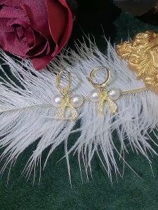 Anting Mutiara Pita Model Drop Hook Earrings Gaya Korean Style Wanita Giwang Fashion Aksesoris