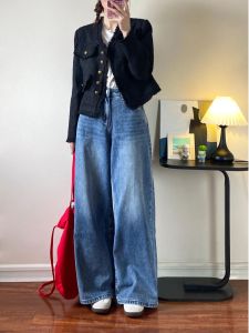 Loose Wide Leg Jeans Tapered Straight Washed Denim for plus Size Women Autumn Winter plus Size Pants Draping Effect