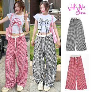 Quần Caro Thun Dài Ống Rộng Chun Thun Nhún Bèo Y2K Cạp Cao Siêu Dài 100cm Size Đại Ulzzang - MM Hồng Nhi Store