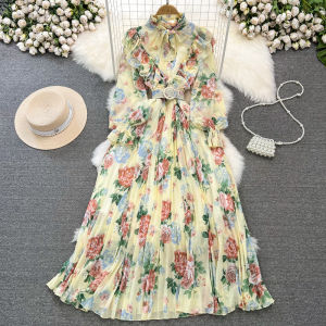 Elegant Long Sleeve A-Line Printed Chiffon Pleated Dress Waist-Cinching Stand Collar Bell Sleeve Windy Style Korean Commute