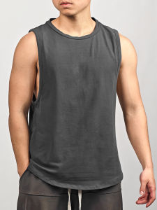 Orgn Mens Fitness Vest American Style Sporty Elastic Solid Color Shoulder Strap Loose Base Training Cotton Sleeveless T-shirt