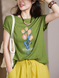 XIAOER | Áo Thun Nữ Tay Raglan Thêu Hoa Tulip