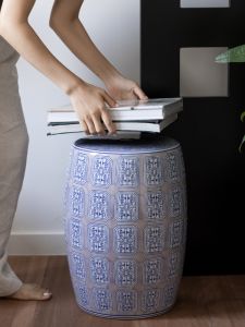 Ronai Chinoiserie Hand Painted! Smoky Rain Blue and White Porcelain "Wanfu Perfect" Ceramic New Chinese Booth Low Stool