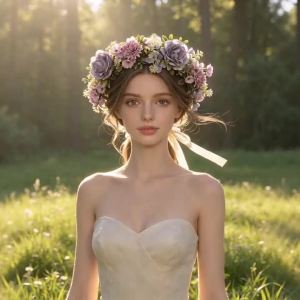 Simulation of Purple Rose Flower Wreath Hairband vintage Style Retro Satin Ribbon Bow Hair Accessory for Bridesmaid Photoshoot