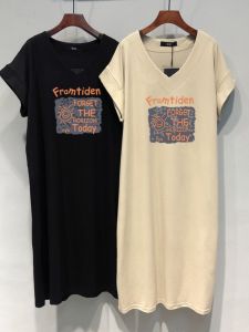 พลัสไซส์ ผู้หญิง ผ้าฝ้าย คอวี เสื้อยืด เดรส ฤดูร้อน แขนสั้น หลวม สไตล์เกาหลี พรางหุ่น กระโปรงยาว Parasเข่า เดรส