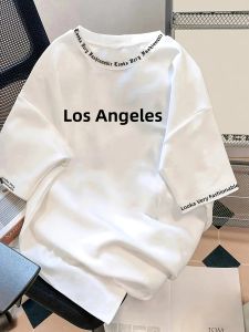 Áo Thun Nam Dáng Rộng In Chữ 3D Màu Trơn Cơ Bản Phong Cách Mỹ Dài Tay Cổ Chữ O Mùa Hè