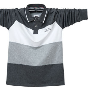 Trendy plus Size Mens Long Sleeve Polo Shirt with Stripe Pattern Spliced Neck Design Slimming Top for Autumn Cotton Fashion Urban Style
