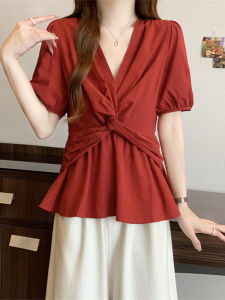 Shalldoer | Áo sơ mi nữ cổ chữ V nơ xếp ly ren thắt eo thời trang mùa hè mới về dáng rộng thường ngày chất liệu khác tay ngắn màu trơn