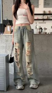 Spring Autumn Korean High Street Blue Denim High Waist Loose Wide Leg Trousers Womens Retro Fashion Holiday Versatile Jeans