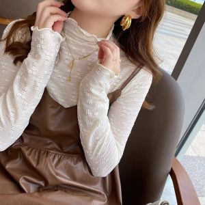 High-End Womens Half Turtleneck Autumn and Winter New Arrival Wooden Ear Thickened Fleece-lined Warm Bottoming Pure Color Lace Undershirt