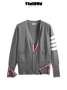 Spring & Fall New Arrival Four-Bar Ribbon Preppy Style Classic V Neck Knitting Sweater Mens and Womens Same Couple Wear Plus Size Outwear