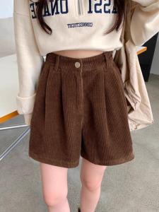 กางเกงขาสั้นผ้าคอร์ดูรอยเอวสูงทรงเอลำลองสีน้ำตาลสำหรับผู้หญิง กางเกงขายาวหุ้มข้อสั้นฤดูใบไม้ร่วง/ฤดูหนาว กางเกงขายาวหุ้มข้อห้าส่วน