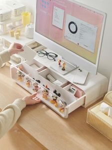 Computer Monitor Riser Desk Organizer with Drawer And Lighted Box Storage Modification Office Workstation Scandinavian Style Plastic Shelf