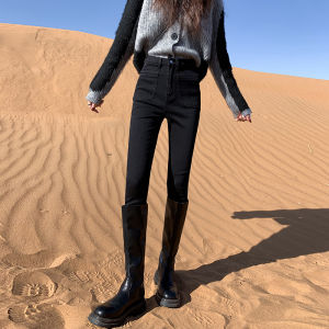 กางเกงยีนส์ทรงสลิมฟิตสีน้ำเงินเทาสำหรับผู้หญิง กางเกงขายาวทรงเข็มสีเข้มเอวสูง ทรงสลิมฟิต ทรงเข้ารูป กางเกงขายาวทรงเข็ม